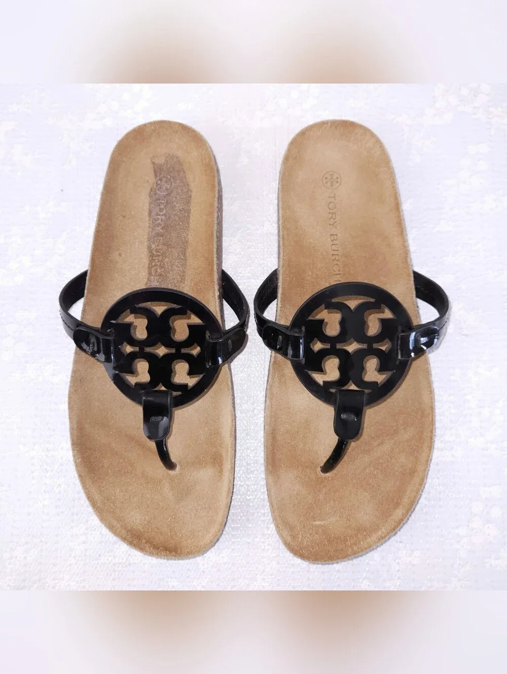 Tory Burch Miller Cloud Sandals US 10 Black Patent Leather Cork Flats